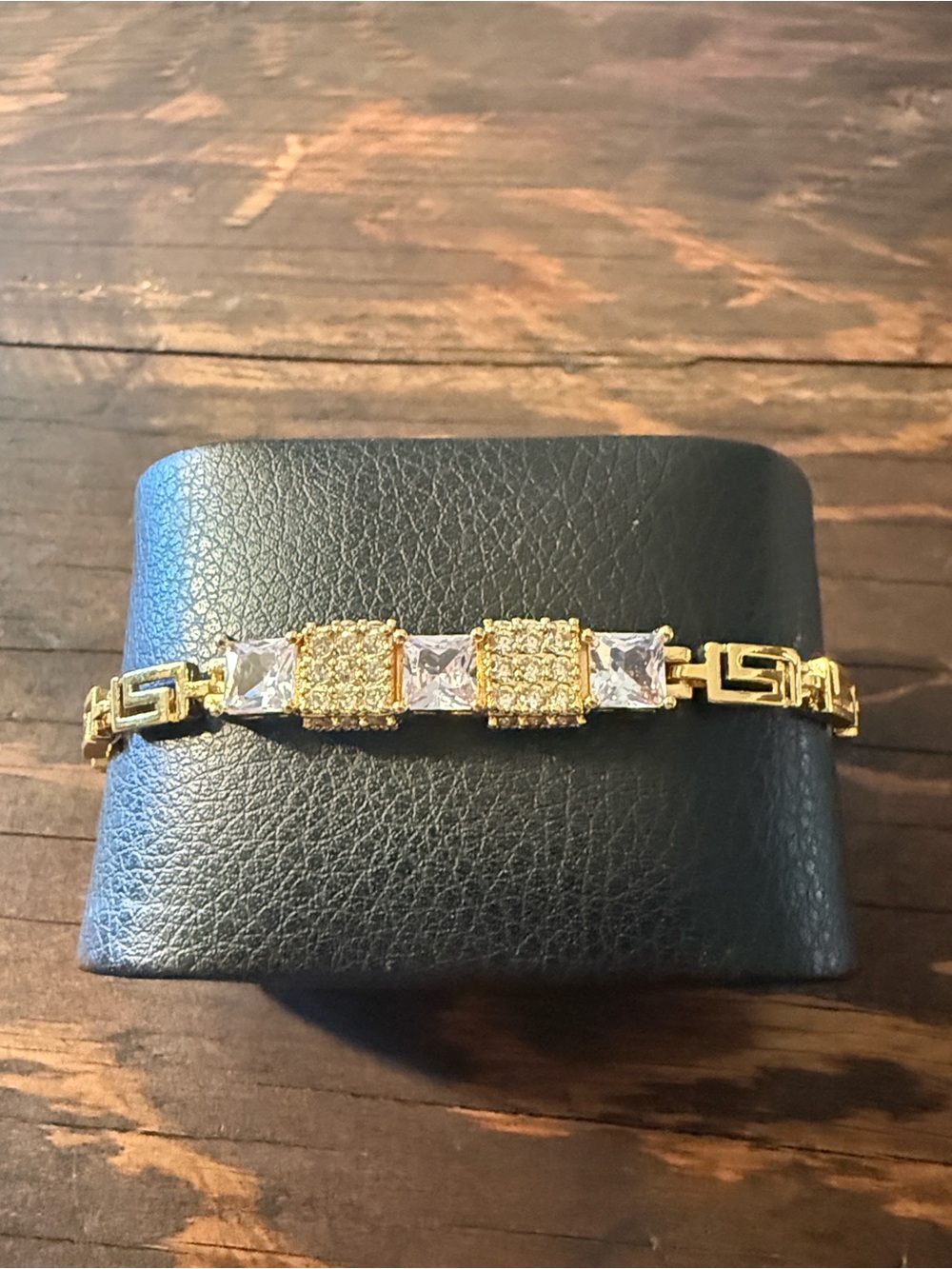 Gold Plated Greek Key Link Bracelet - Women's Jewelry with Clear Square Stones